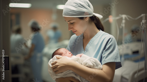 nurse in a hospital with a newborn baby, birth, maternity, healthcare
