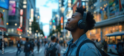 Man enjoying music with headphones on busy city street. Urban lifestyle and technology.