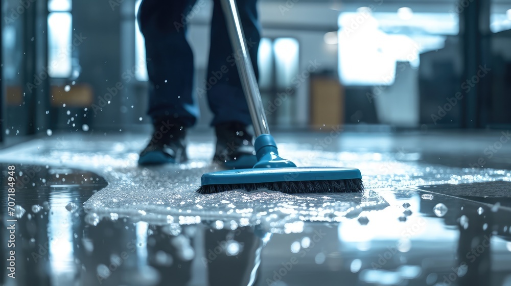 Generative AI, Housekeeping, cleaning, person with a mop to clean the floor. Office or domestic worker, cleaner and housewife