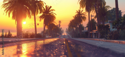 Sunset over serene palm-lined street with glistening asphalt. Tranquil landscapes and travel.
