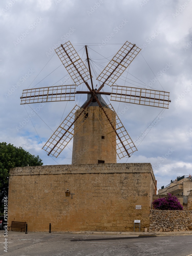 view of the Ta Kola Windmill in Xhagra on Gozo Island in Malta