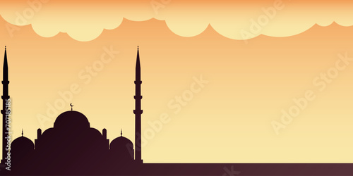 Damson color mosque silhouette. islamic greetings ramadan kareem card, banner, invitation design background. Horizontal abstract banner desing with mosques at sunset sky and cloud. Copy space for text photo