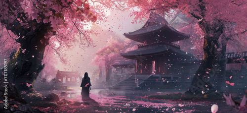Tranquil scene with woman walking under cherry blossoms near temple. Serenity and nature. photo