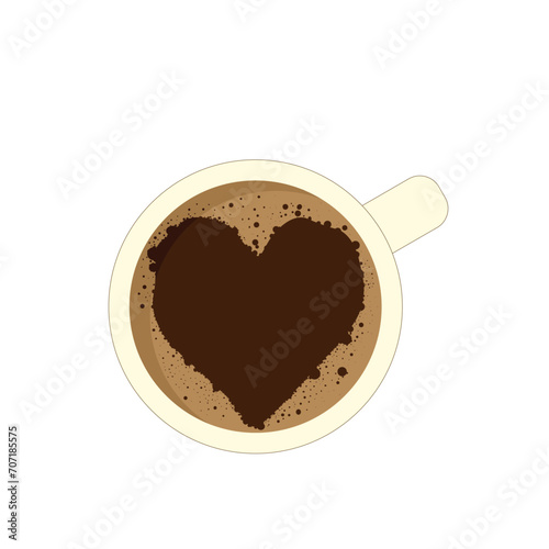 Top view of coffee in a coffee cup vector illustration. Heart shape coffee foam. Black coffee with foam and bubbles in a shape of a heart.