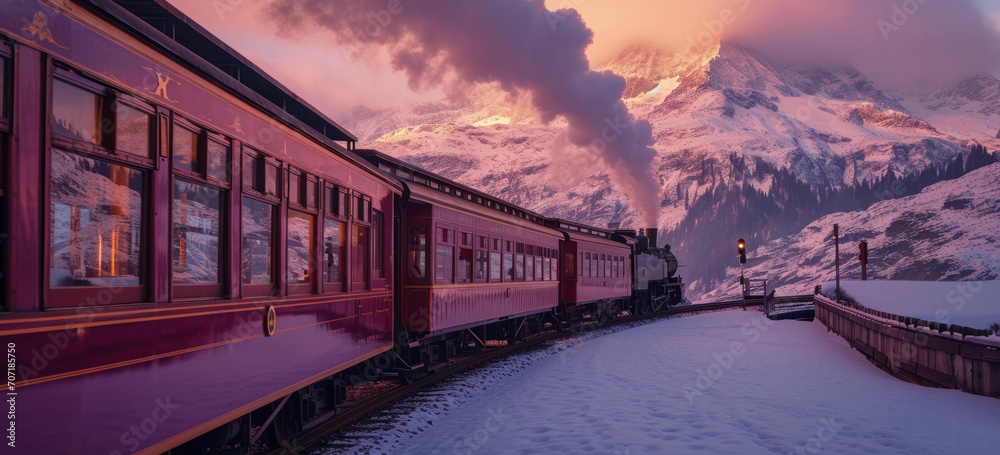 Vintage train journey through snowy mountain landscape. Travel and adventure