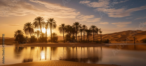 Oasis in desert with palm trees and water at sunset. Tranquil nature scene. photo