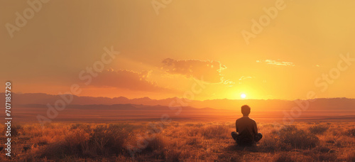 Person meditating in serene desert landscape at sunset. Mindfulness and serenity. © Postproduction
