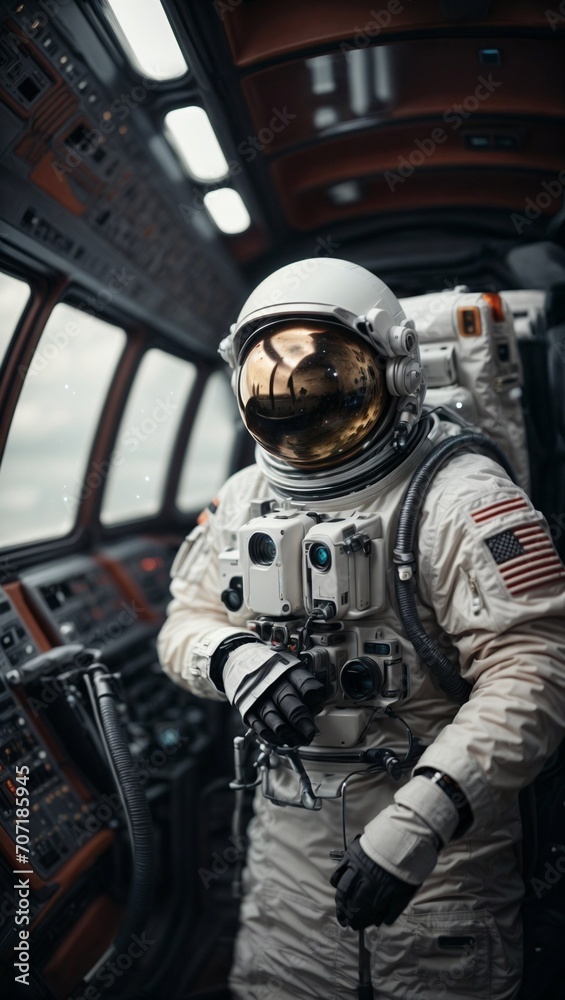 An American astronaut aboard a fictional spaceship