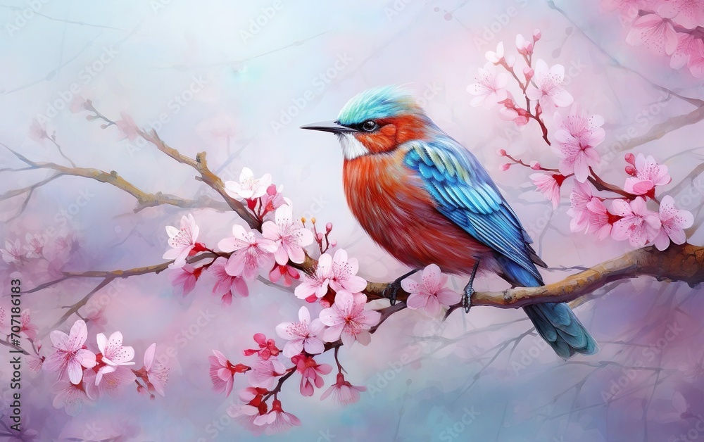 Spring floral poster, botanical banner. The bird standing on cherry blossom branch. Blooming trees, asian style photo. AI Generative. Spring floral poster, botanical banner. The bird standing on cherry blossom branch. Blooming trees, asian style photo. AI Generative.