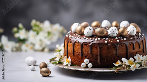Easter cake and Easter decorative eggs.  photo