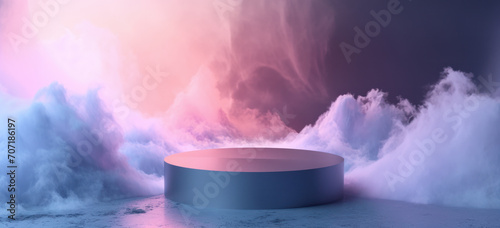 Abstract minimalist showcase platform with pastel clouds and colored lighting. Products display stage.