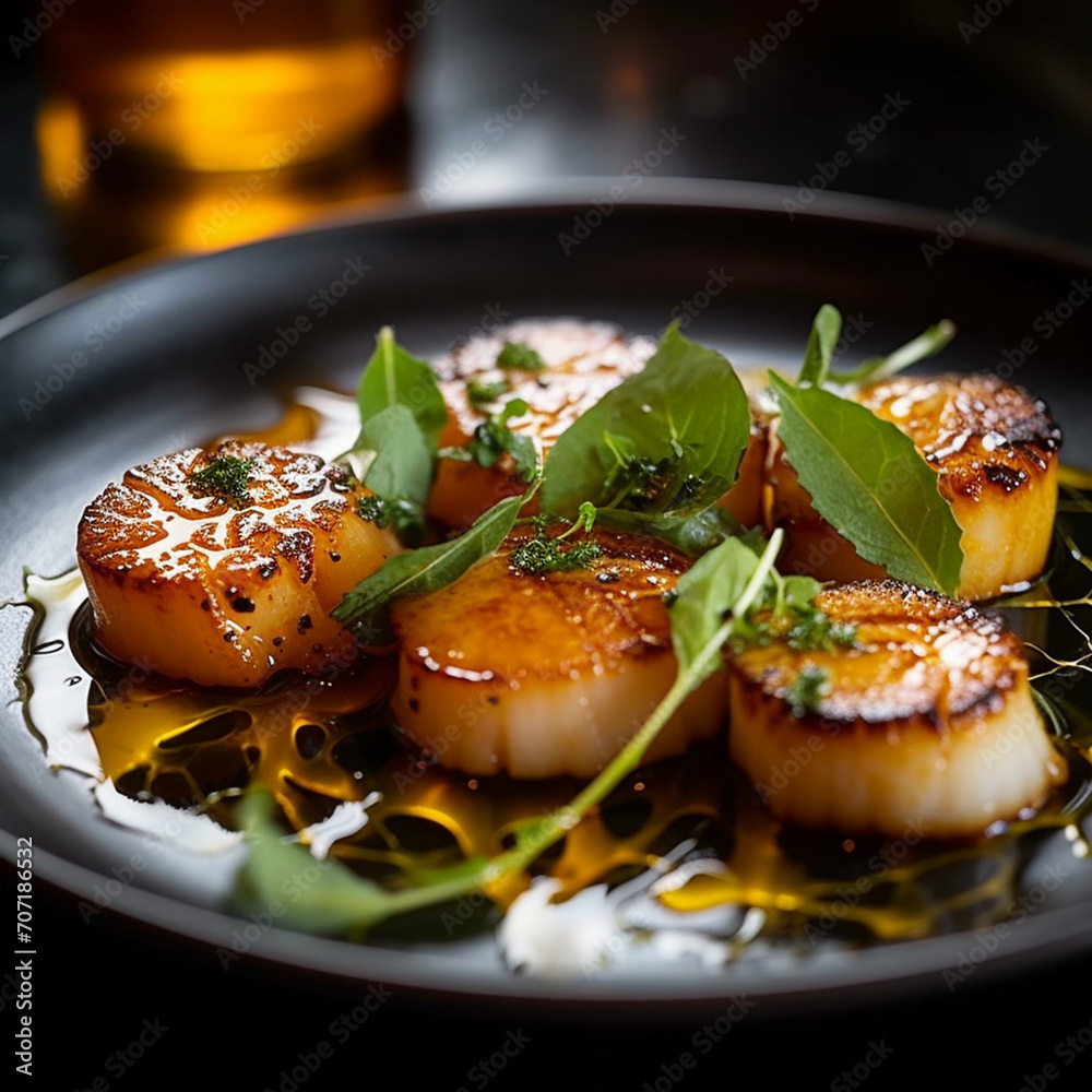 Fried scallops with spices on a dark
background. Homemade food, restaurant. Very tasty and healthy. Fried scallops with spices on a dark
background. Homemade food, restaurant. Very tasty and healthy.