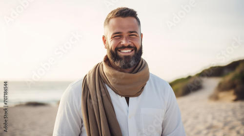 Male happy face portrait of young muslim smiling hispanic arabian guy posing outdoors looking at camera. Tourism pleasure concept