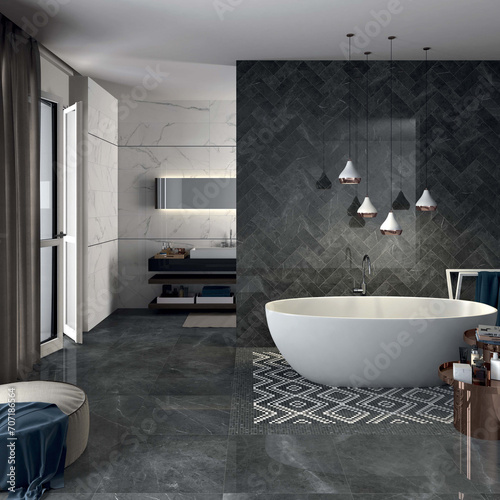 Interior of stylish bathroom with grey walls  wooden concrete floor  comfortable black double sink with round mirrors above it and bathtub in background. 3D Rendering