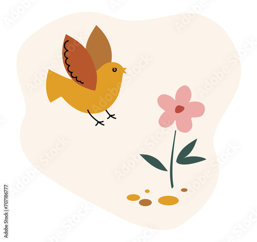 small bird flies around a flower. Simple illustration, flat design style