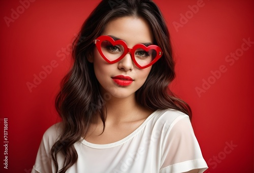 a woman wearing glasses designed in the shape of a heart