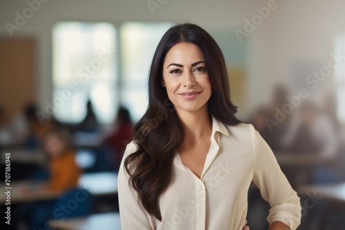 a photo portrait of a beautiful young female mexican american school teacher standing in the classroom. students sitting and walking in the break. blurry background behind