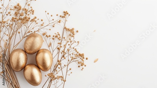 Stylish Easter gold eggs with golden dried flax linum bunch, white background. photo