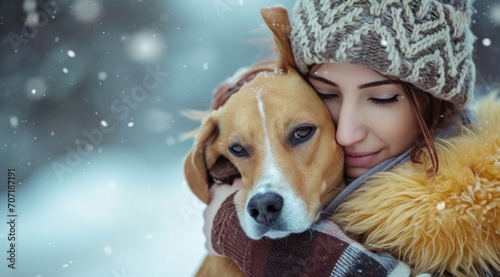 young girl hugging her dog in the winter. © olegganko