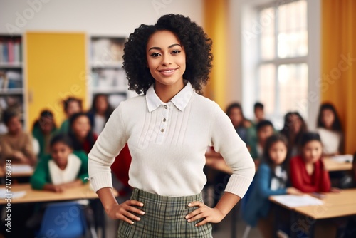 a photo portrait of a beautiful young female african american school teacher standing in the classroom. students sitting and walking in the break. blurry background behind