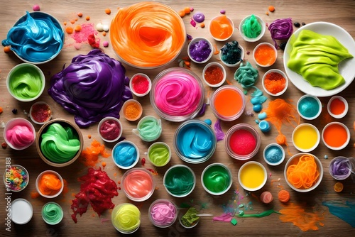 An assortment of DIY slime in vibrant colors, neatly arranged on a table.