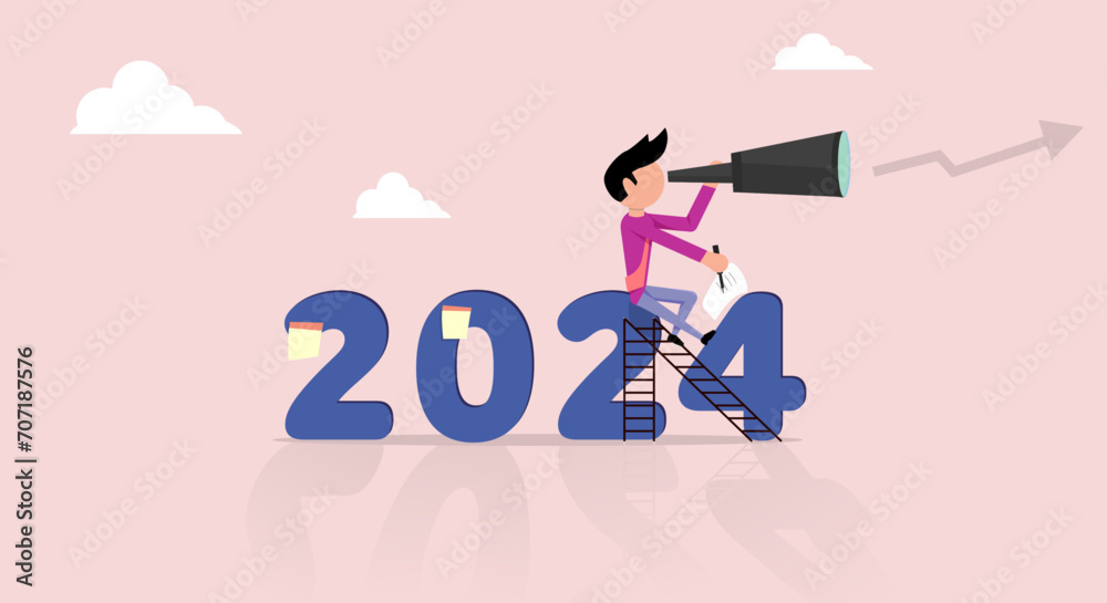 Businessman hope 2024 outlook plan. Flat design character holding a telescope looking at the prospect of achieving goals