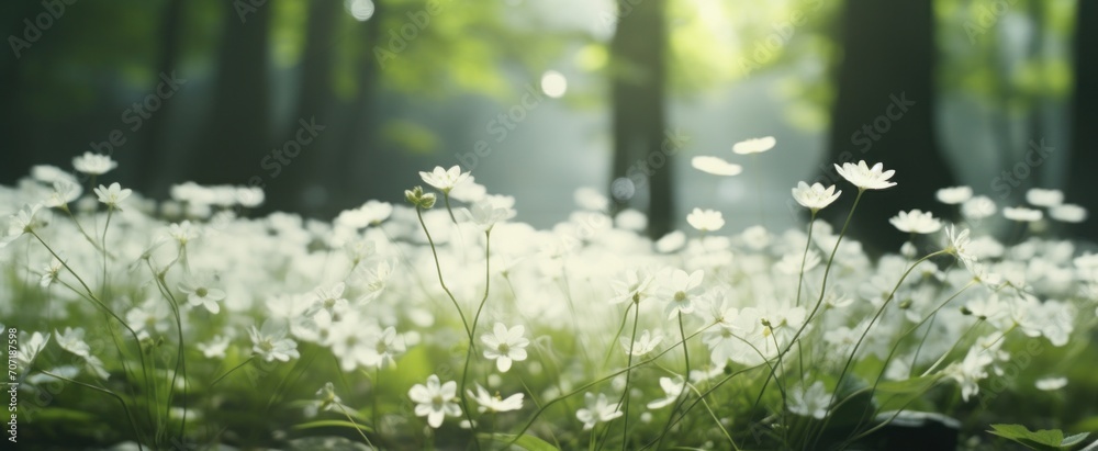 white flowers bloom in the forest.