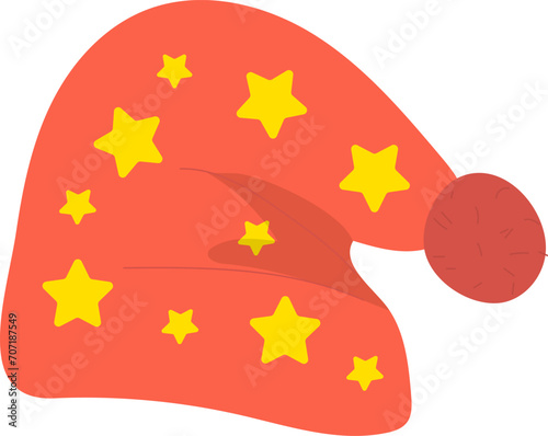 Red Santa Claus hat with yellow stars and fluffy brown bobble. Festive Christ...