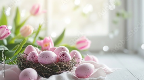 copy space easter background pinc color. photo