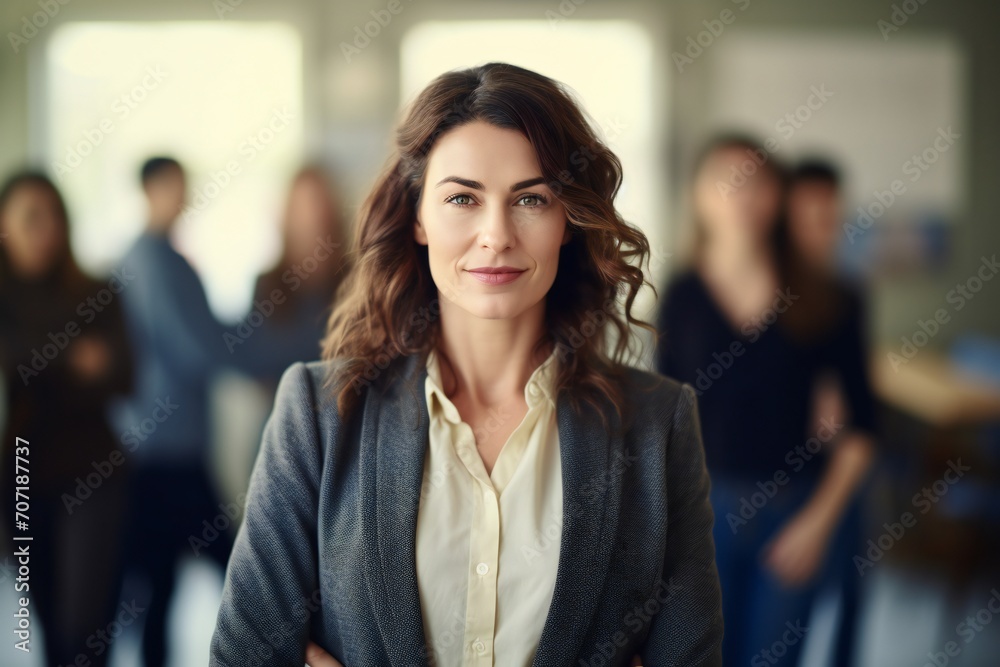 a photo portrait of a beautiful young female american school teacher standing in the classroom. students sitting and walking in the break. blurry background behind