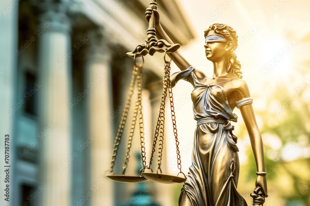 scales of justice in front of a building with the sun behind it. scales of justice in front of a building with the sun behind it.