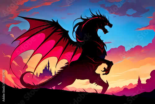 Flames and smoke from raging fires silhouette a mighty dragon roaring in uncontrolled anger as it attacks and lay waste to towns and villages nearby in a moment of pure madness. Fantasy graphic art.