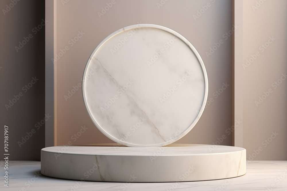 3d abstract background with marble pedestal. Minimalistic realistic image of an empty podium for displaying cosmetic products.