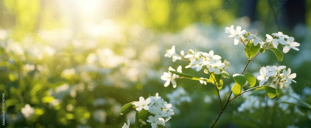 white flowers bloom in the forest.