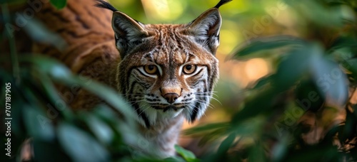 Intense Eurasian lynx in natural habitat with vibrant foliage. Wildlife and conservation.