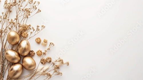 Stylish Easter gold eggs with golden dried flax linum bunch, white background. photo