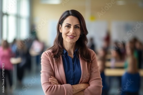 a photo portrait of a beautiful young female american school teacher standing in the classroom. students sitting and walking in the break. blurry background behind