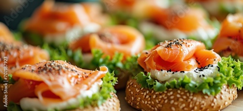 Fresh salmon bagels with cream cheese and lettuce. Gourmet and healthy food.