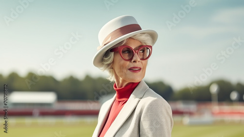 Lady wearing fancy hat arrive at Racecourse.