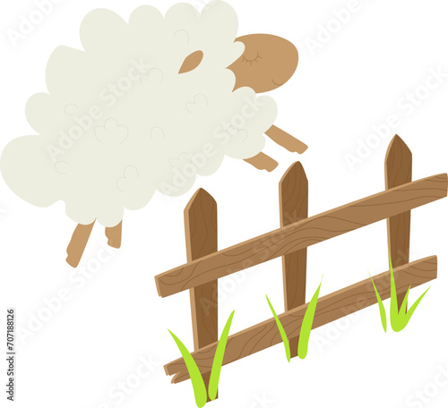 Jumping cartoon sheep over fence, brown wooden fence, green grass, fluffy white cloud sheep asleep. Cute animal jumping, bedtime concept. Vector illustration