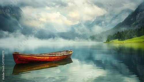 saanen fishing boat in a lake in the mountains.