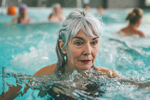 Elderly silver-haired woman doing water aerobics in a pool.