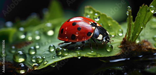 An enchanting blurr background showcasing a tiny ladybug on a leaf, the soft focus highlighting its intricate spots and creating a magical atmosphere, beautifully captured with an HD camera. © ASMAT