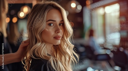 In the hair salon, a stunning blonde model gets a new haircut, hair color, and styling. conversing with the hairstylist while seated in the chair