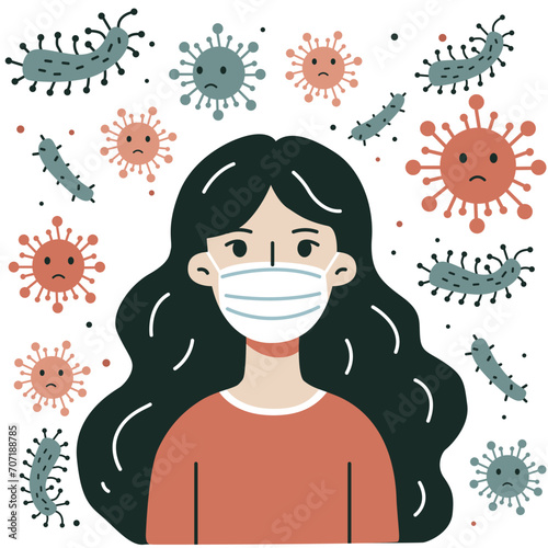 Woman uses medical protection mask. Flat image of female in white medical face mask. Vector illustration. Bacteria around us