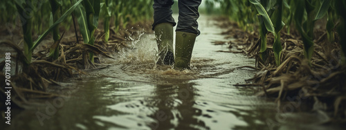 a male farmer stands in rows of corn, a flooded field photo