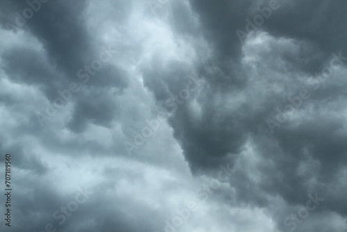 Dramatic, dark, blue cloudy sky overlay, Sky-overlays. Dramatic sky and lightning. Bad weather with dark clouds. Rain And Thunderstorm In Dramatic Sky