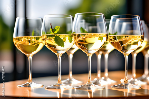 Glasses of white wine in front of a  window