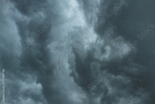 Dramatic, dark, blue cloudy sky overlay, Sky-overlays. Dramatic sky and lightning. Bad weather with dark clouds. Rain And Thunderstorm In Dramatic Sky