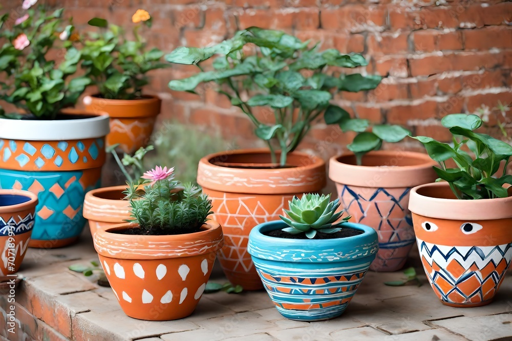 A DIY terracotta painting activity, transforming plain pots into colorful planters with imaginative designs. A DIY terracotta painting activity, transforming plain pots into colorful planters with imaginative designs.